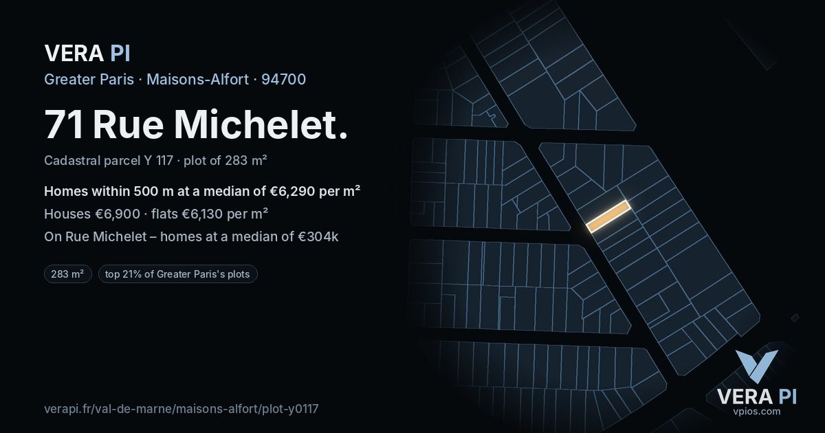 71 Rue Michelet, Maisons-Alfort at night – the plot lit, the parcels around coloured by the prices near them