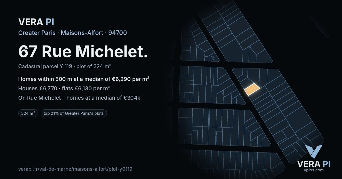 67 Rue Michelet, Maisons-Alfort at night – the plot lit, the parcels around coloured by the prices near them