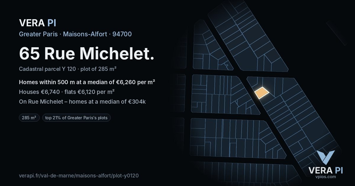 65 Rue Michelet, Maisons-Alfort at night – the plot lit, the parcels around coloured by the prices near them
