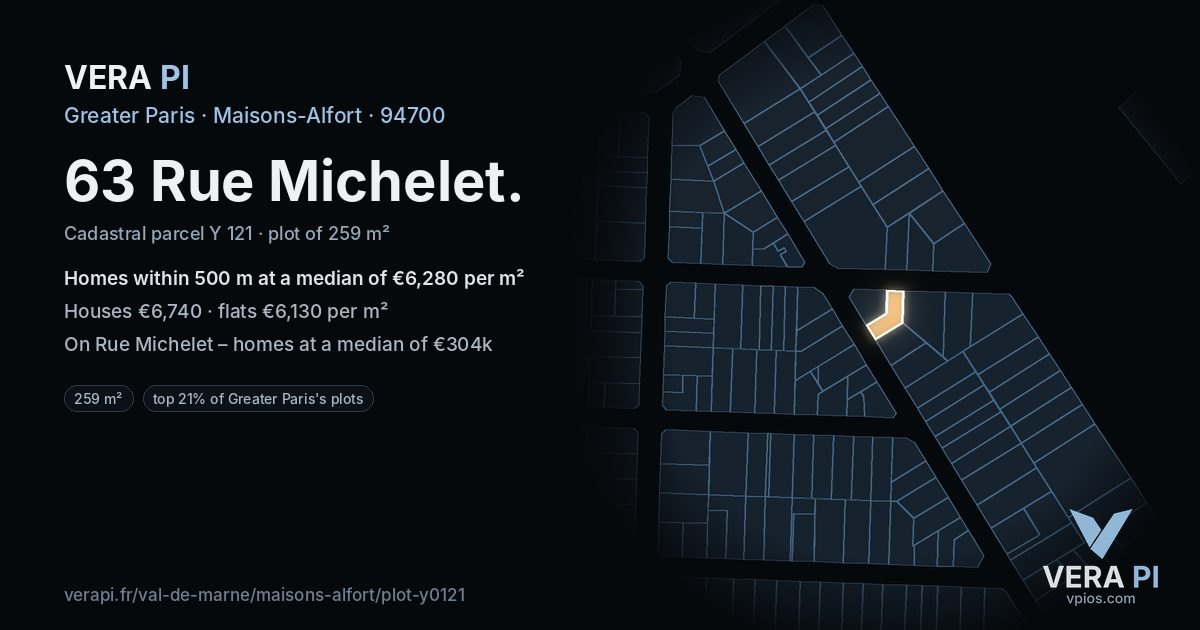 63 Rue Michelet, Maisons-Alfort at night – the plot lit, the parcels around coloured by the prices near them