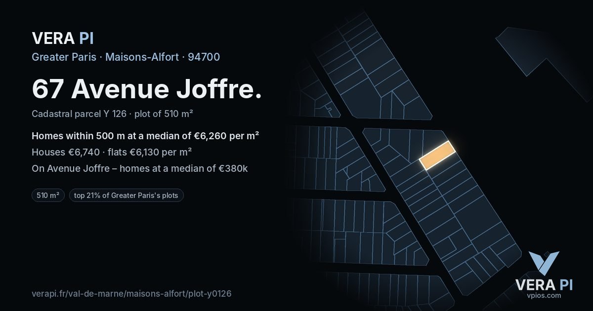 67 Avenue Joffre, Maisons-Alfort at night – the plot lit, the parcels around coloured by the prices near them