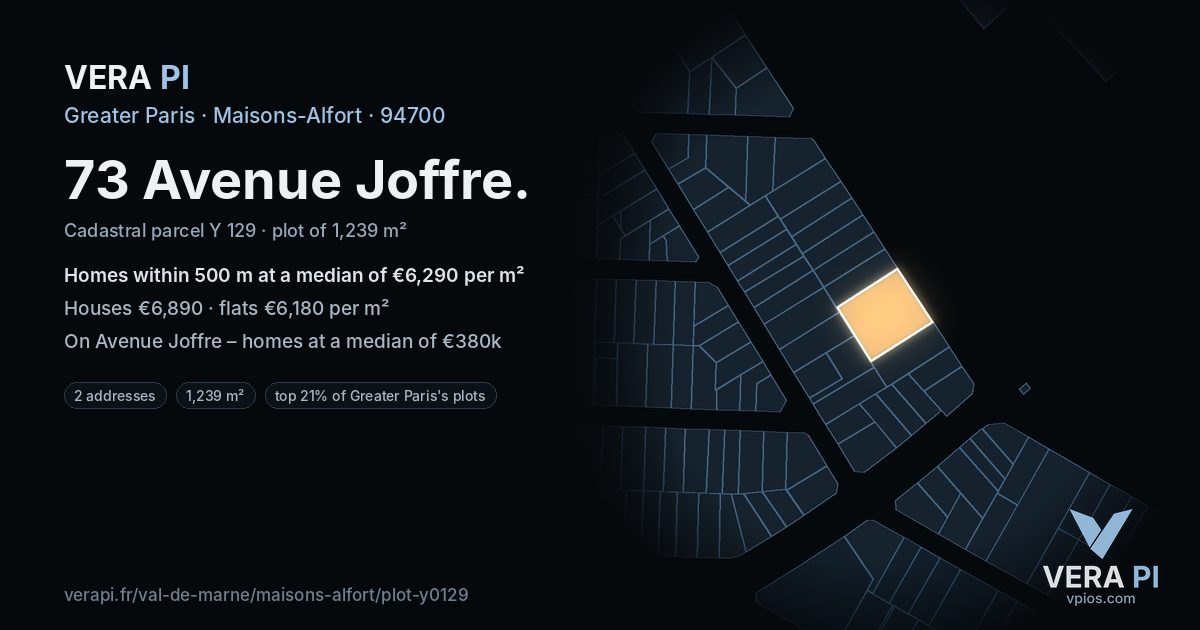 73 Avenue Joffre, Maisons-Alfort at night – the plot lit, the parcels around coloured by the prices near them