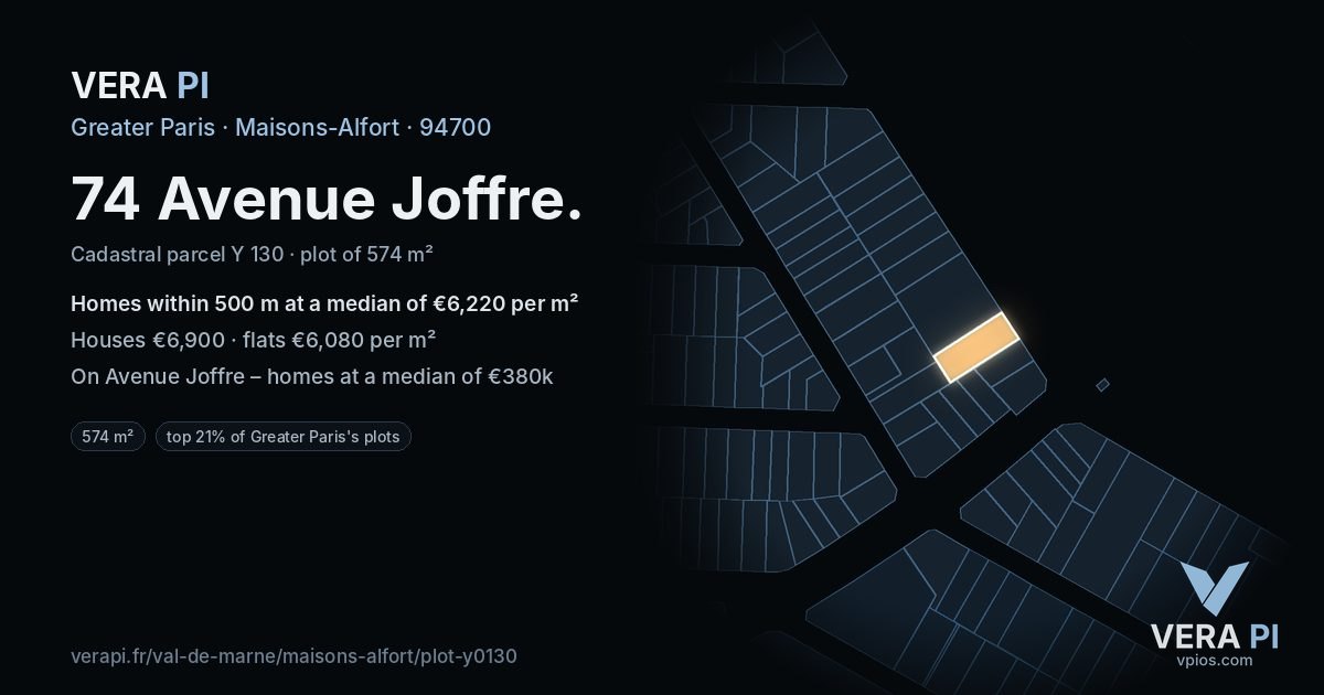 74 Avenue Joffre, Maisons-Alfort at night – the plot lit, the parcels around coloured by the prices near them