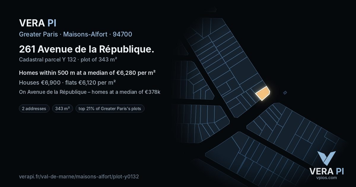 261 Avenue de la République, Maisons-Alfort at night – the plot lit, the parcels around coloured by the prices near them
