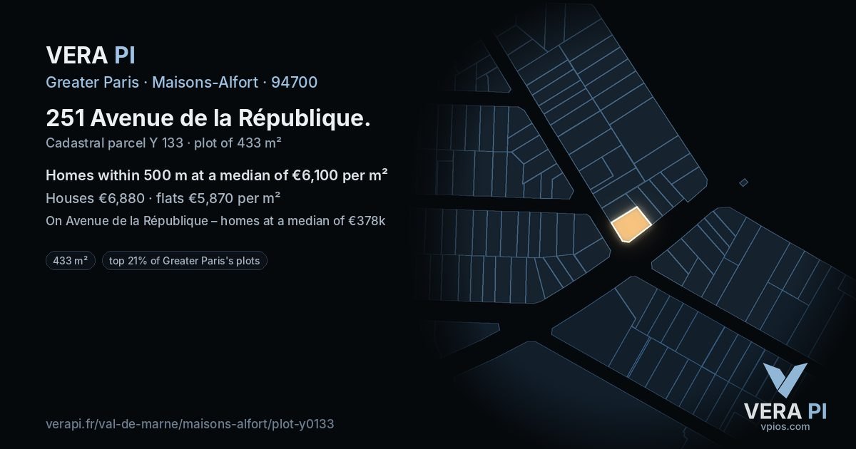 251 Avenue de la République, Maisons-Alfort at night – the plot lit, the parcels around coloured by the prices near them