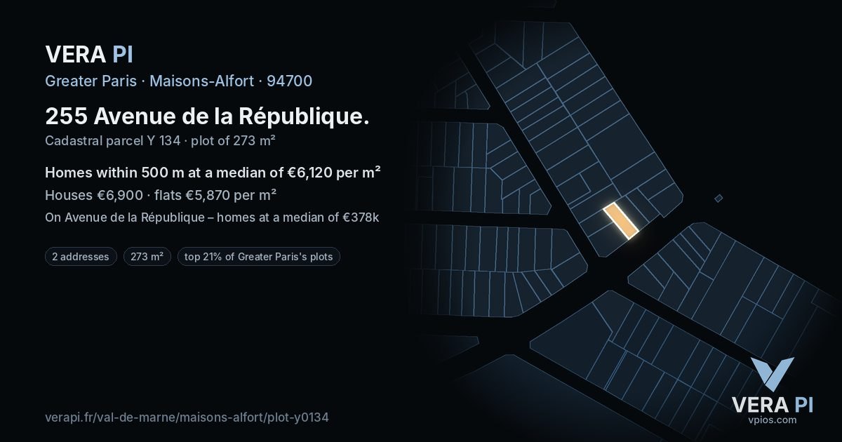 255 Avenue de la République, Maisons-Alfort at night – the plot lit, the parcels around coloured by the prices near them