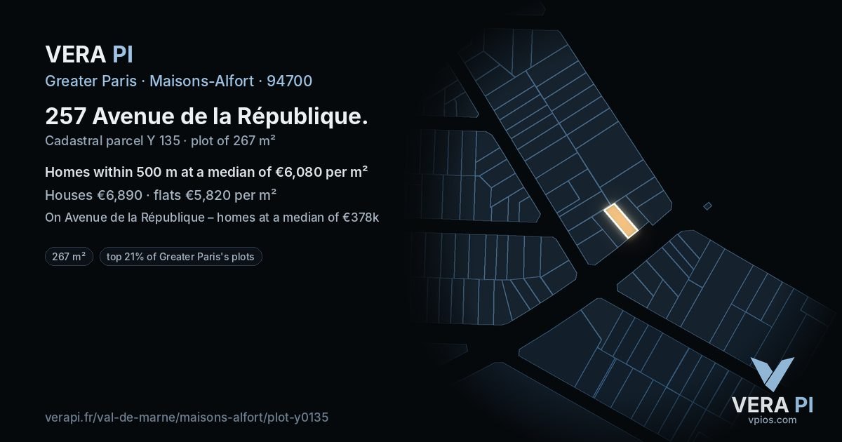 257 Avenue de la République, Maisons-Alfort at night – the plot lit, the parcels around coloured by the prices near them