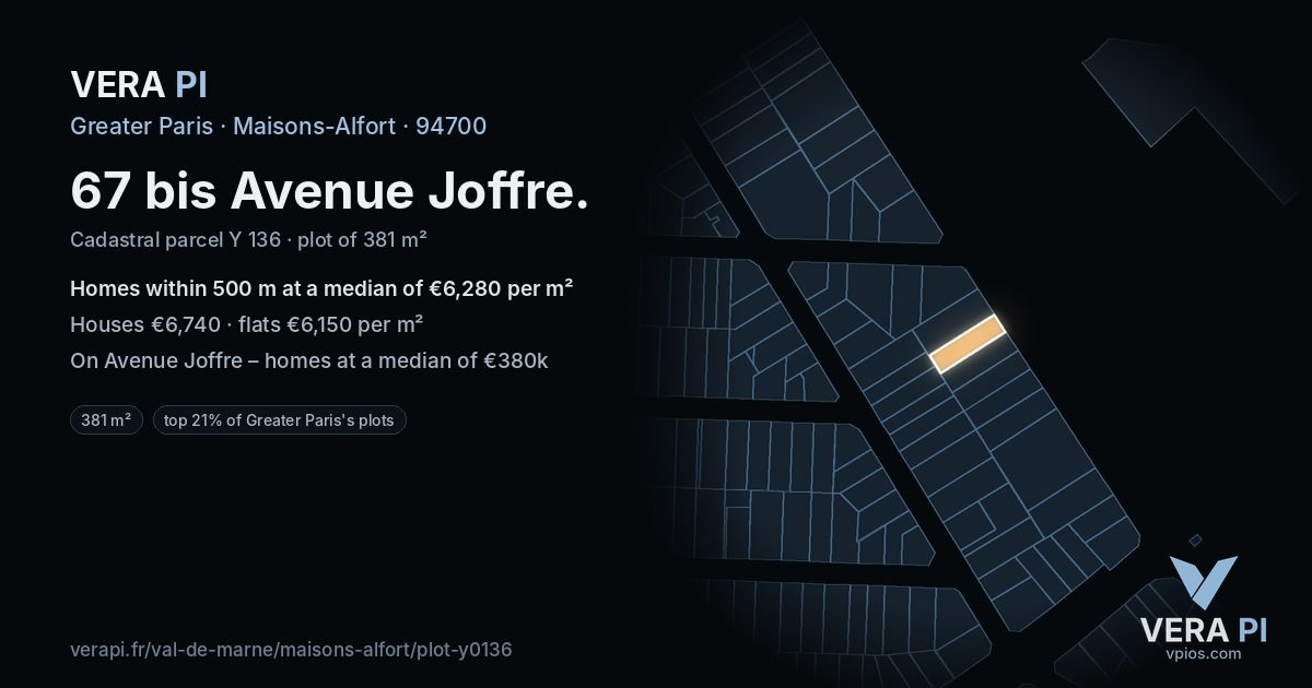 67 bis Avenue Joffre, Maisons-Alfort at night – the plot lit, the parcels around coloured by the prices near them