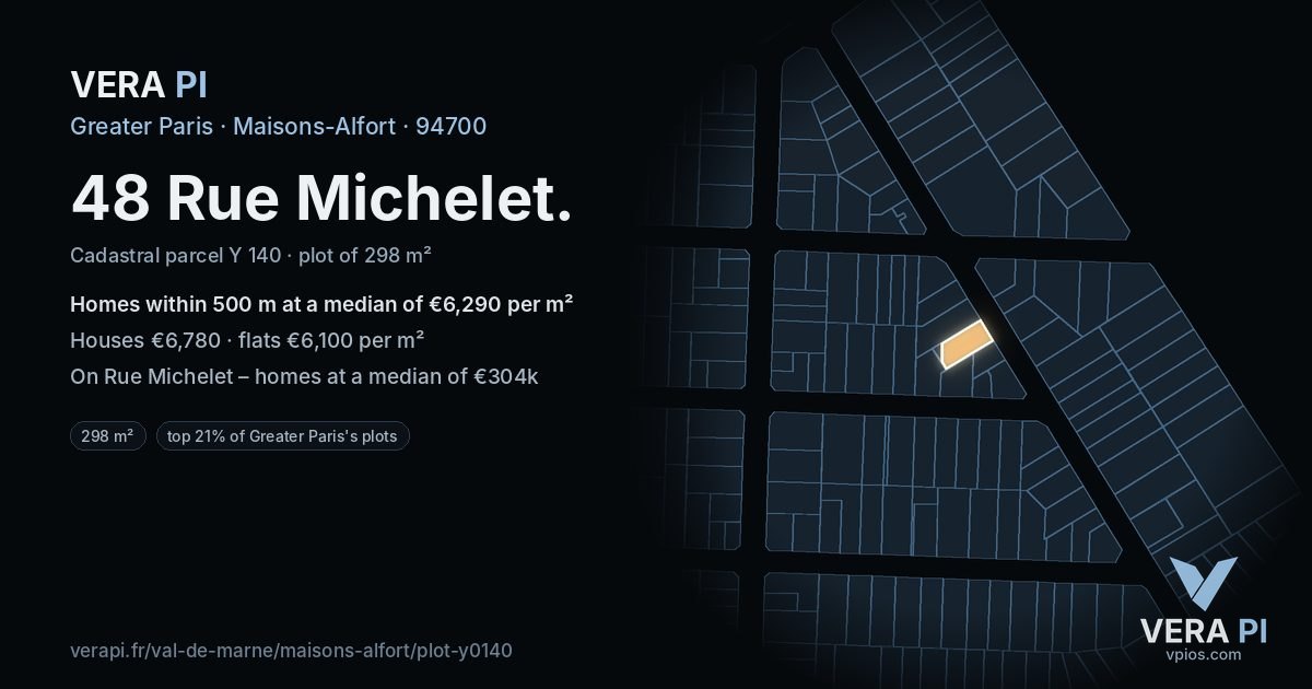 48 Rue Michelet, Maisons-Alfort at night – the plot lit, the parcels around coloured by the prices near them