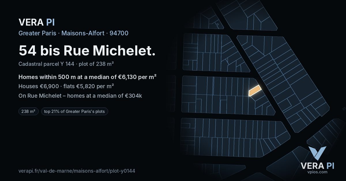 54 bis Rue Michelet, Maisons-Alfort at night – the plot lit, the parcels around coloured by the prices near them