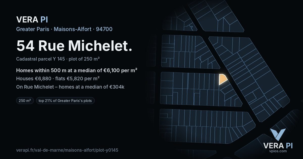 54 Rue Michelet, Maisons-Alfort at night – the plot lit, the parcels around coloured by the prices near them