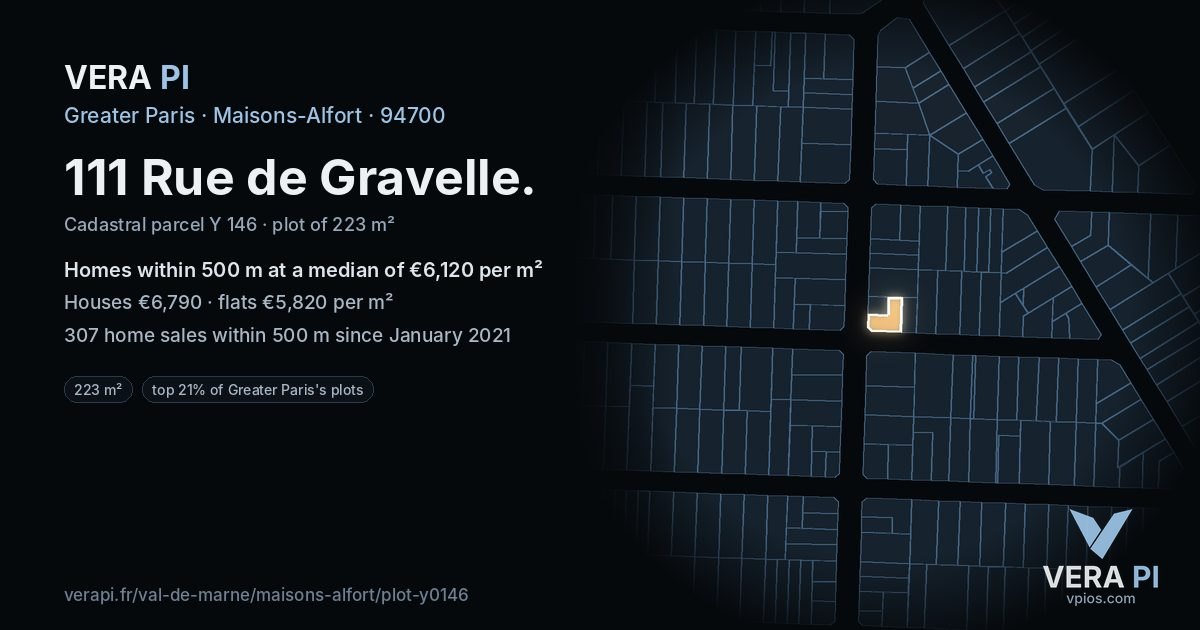 111 Rue de Gravelle, Maisons-Alfort at night – the plot lit, the parcels around coloured by the prices near them