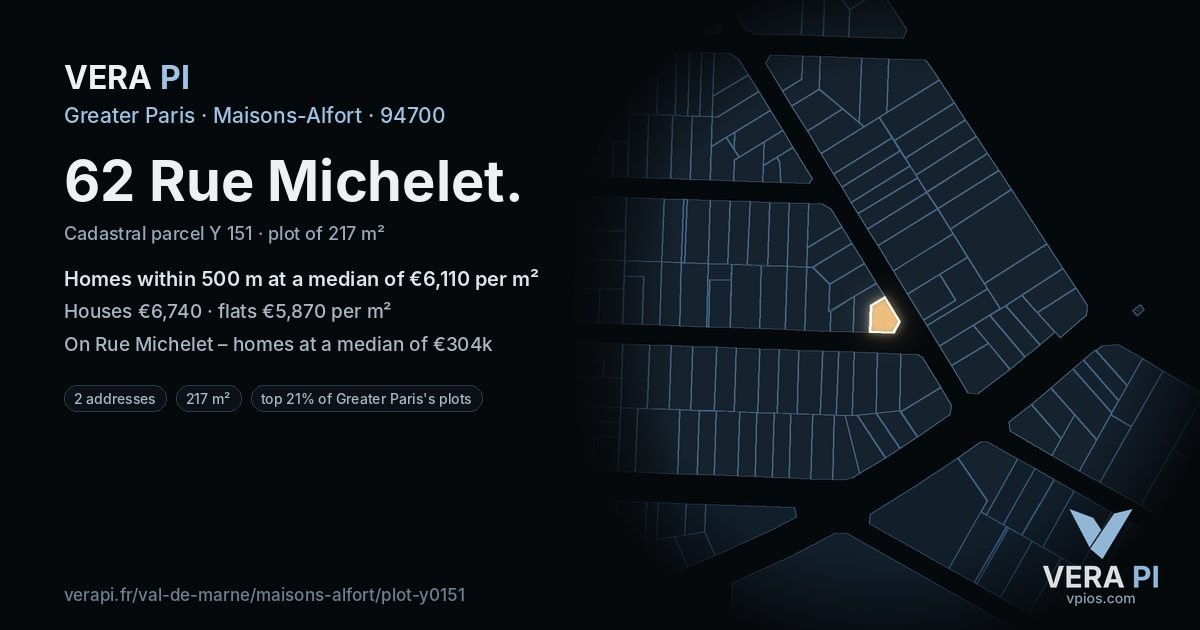 62 Rue Michelet, Maisons-Alfort at night – the plot lit, the parcels around coloured by the prices near them