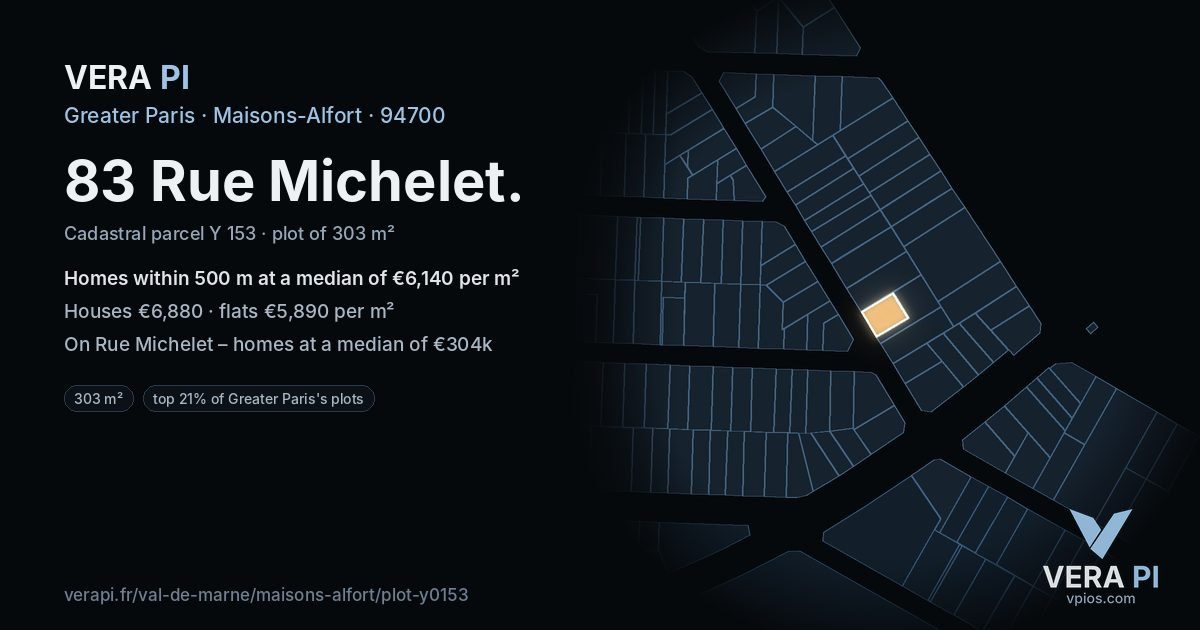 83 Rue Michelet, Maisons-Alfort at night – the plot lit, the parcels around coloured by the prices near them