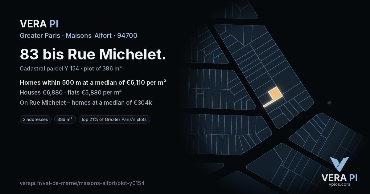 83 bis Rue Michelet, Maisons-Alfort at night – the plot lit, the parcels around coloured by the prices near them