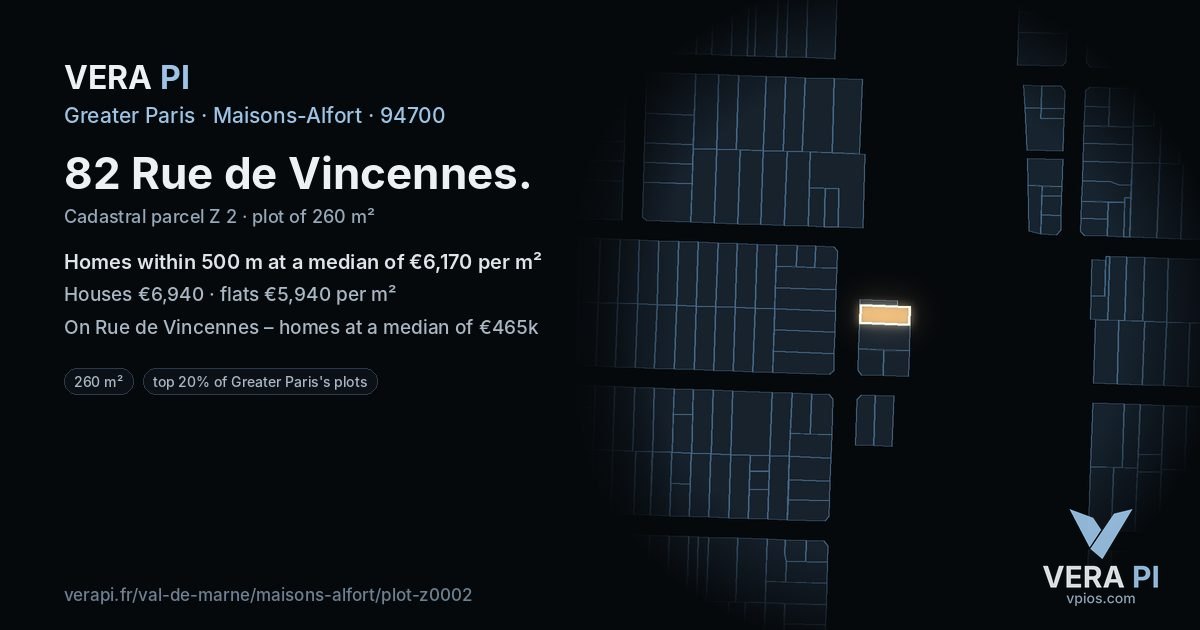 82 Rue de Vincennes, Maisons-Alfort at night – the plot lit, the parcels around coloured by the prices near them
