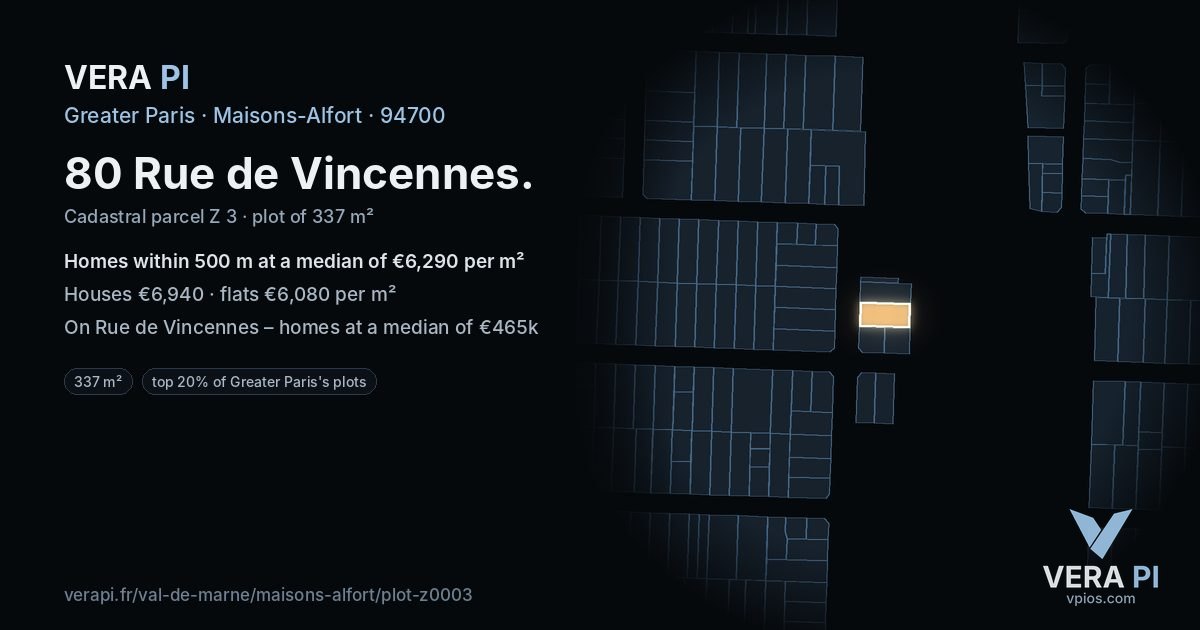 80 Rue de Vincennes, Maisons-Alfort at night – the plot lit, the parcels around coloured by the prices near them