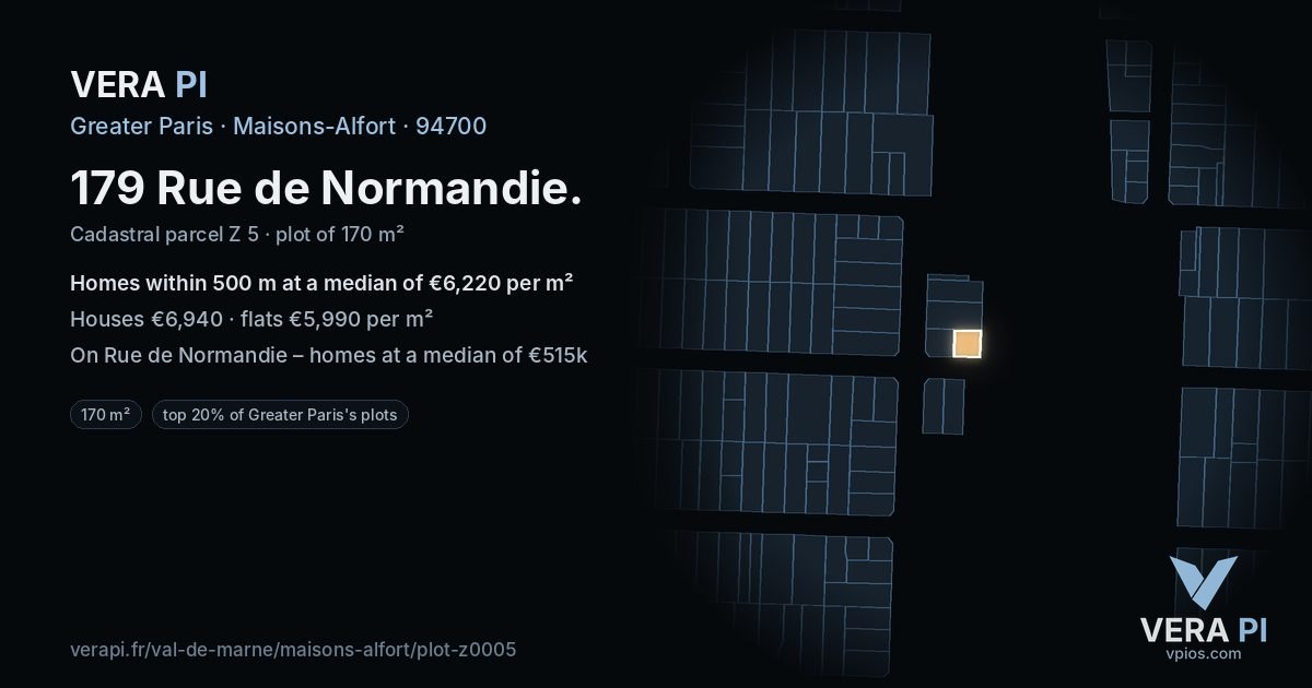 179 Rue de Normandie, Maisons-Alfort at night – the plot lit, the parcels around coloured by the prices near them