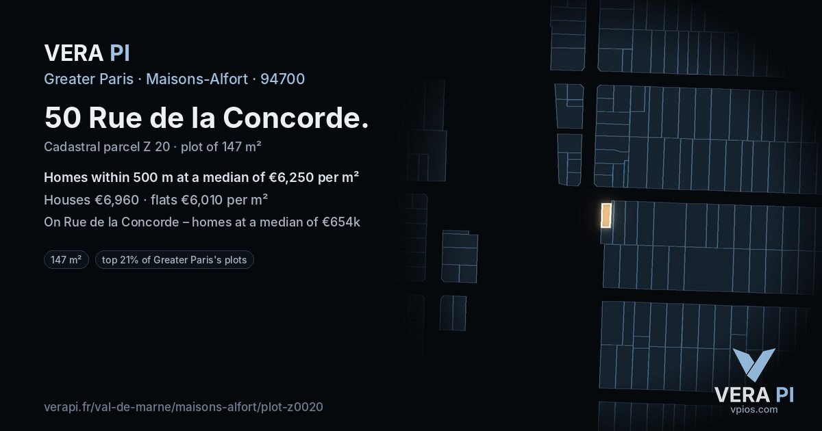 50 Rue de la Concorde, Maisons-Alfort at night – the plot lit, the parcels around coloured by the prices near them