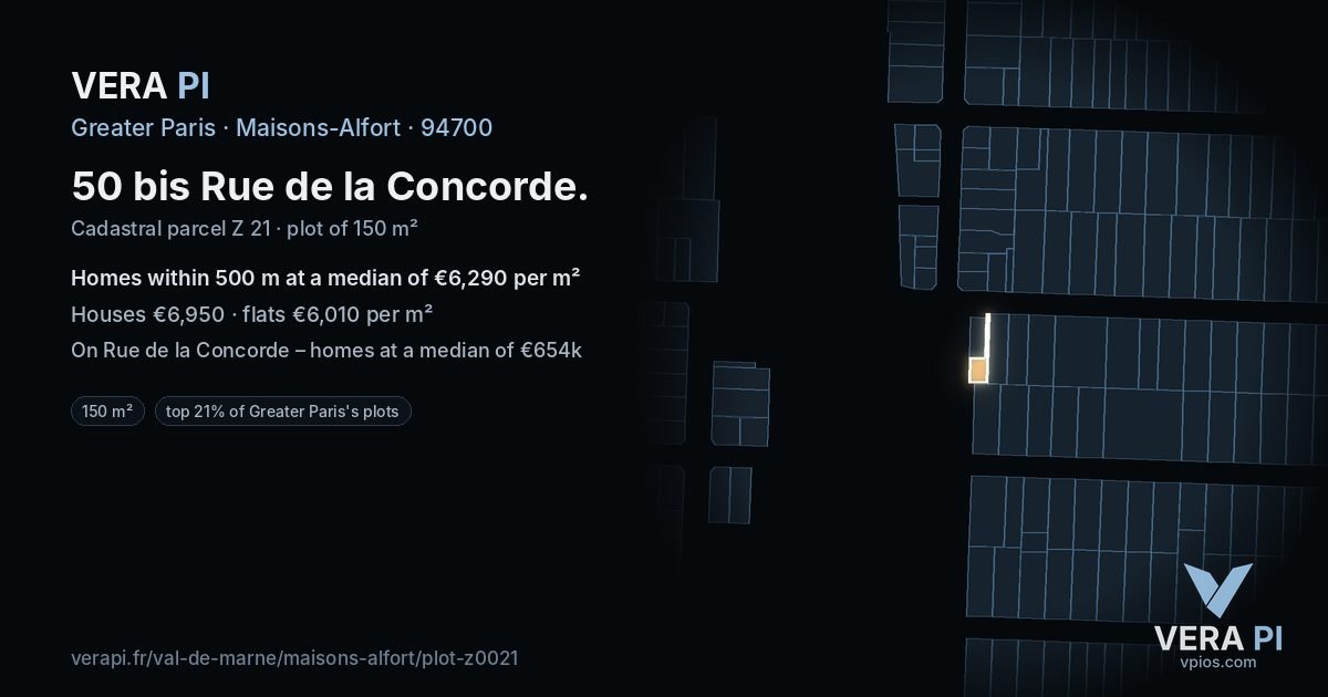 50 bis Rue de la Concorde, Maisons-Alfort at night – the plot lit, the parcels around coloured by the prices near them