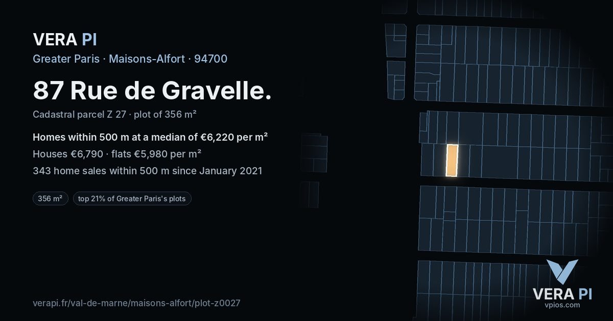 87 Rue de Gravelle, Maisons-Alfort at night – the plot lit, the parcels around coloured by the prices near them