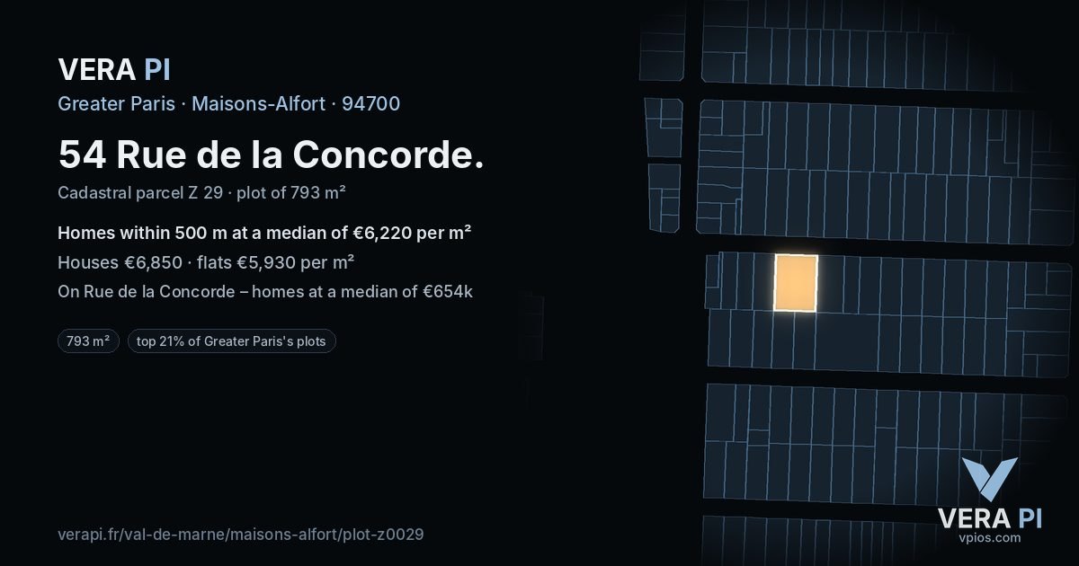 54 Rue de la Concorde, Maisons-Alfort at night – the plot lit, the parcels around coloured by the prices near them