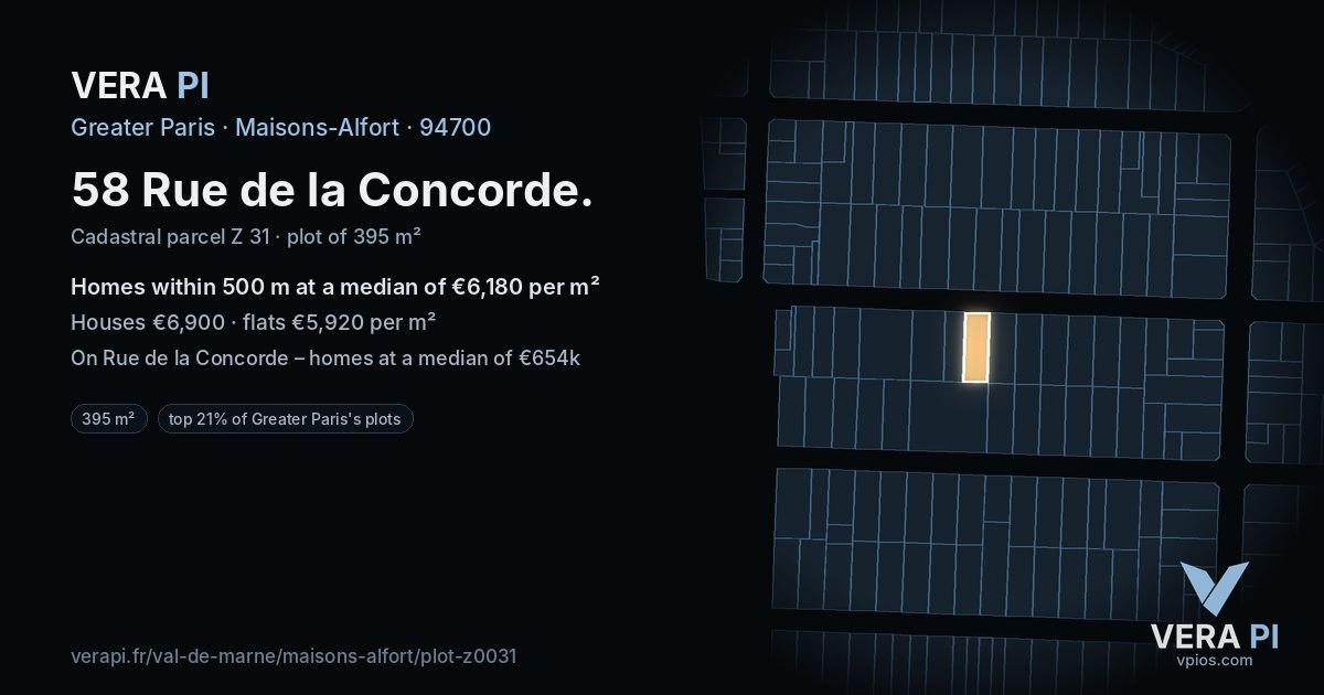 58 Rue de la Concorde, Maisons-Alfort at night – the plot lit, the parcels around coloured by the prices near them