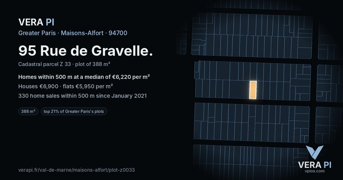 95 Rue de Gravelle, Maisons-Alfort at night – the plot lit, the parcels around coloured by the prices near them