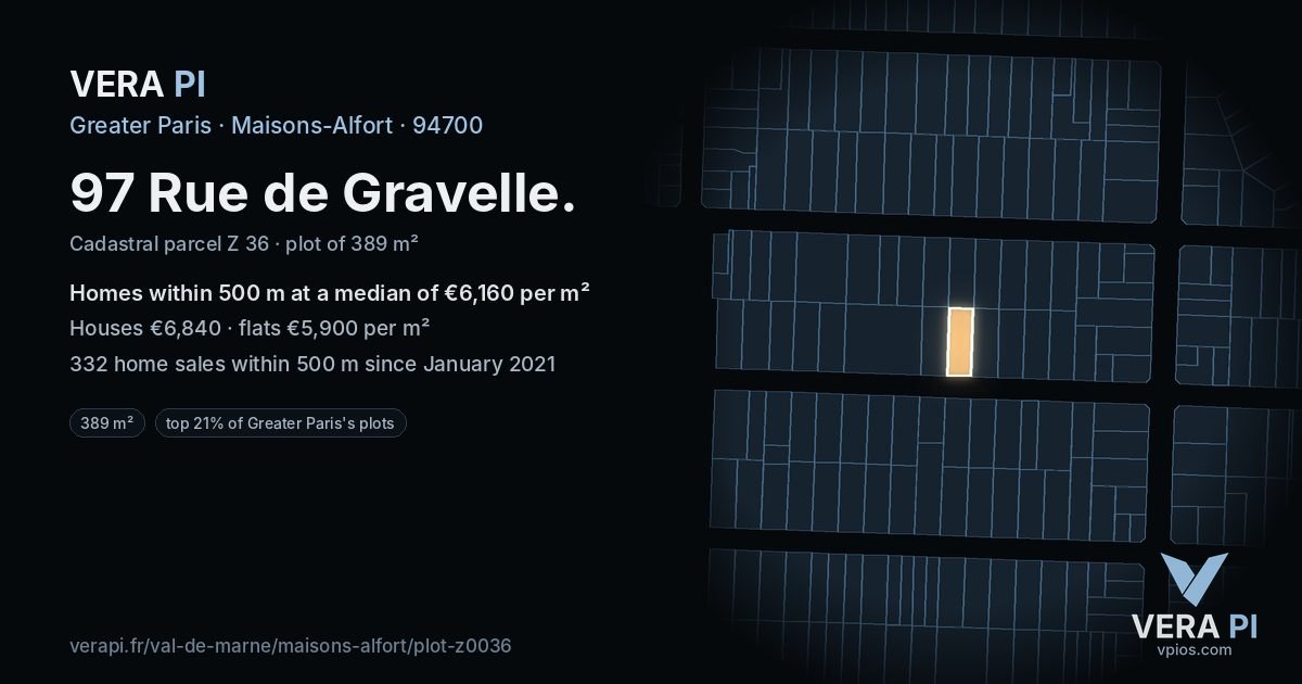 97 Rue de Gravelle, Maisons-Alfort at night – the plot lit, the parcels around coloured by the prices near them