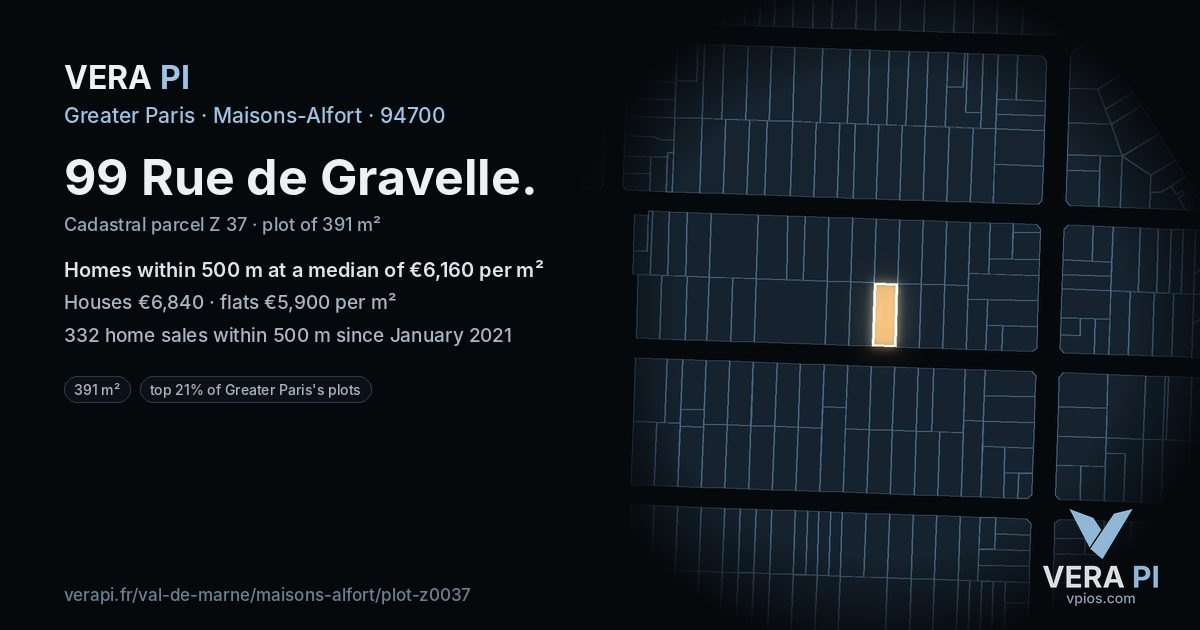 99 Rue de Gravelle, Maisons-Alfort at night – the plot lit, the parcels around coloured by the prices near them