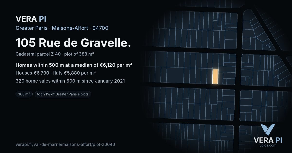 105 Rue de Gravelle, Maisons-Alfort at night – the plot lit, the parcels around coloured by the prices near them