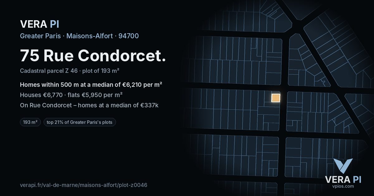 75 Rue Condorcet, Maisons-Alfort at night – the plot lit, the parcels around coloured by the prices near them