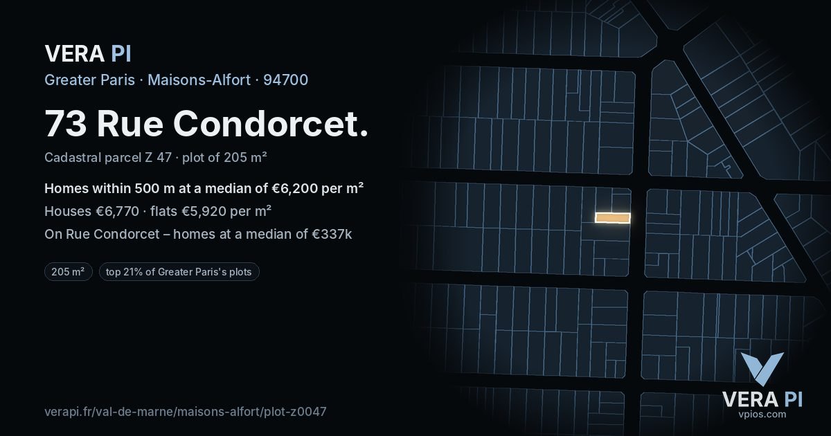 73 Rue Condorcet, Maisons-Alfort at night – the plot lit, the parcels around coloured by the prices near them