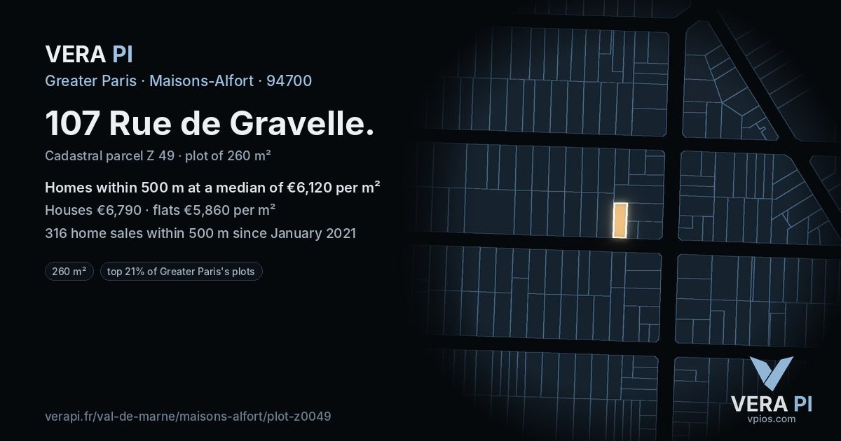 107 Rue de Gravelle, Maisons-Alfort at night – the plot lit, the parcels around coloured by the prices near them