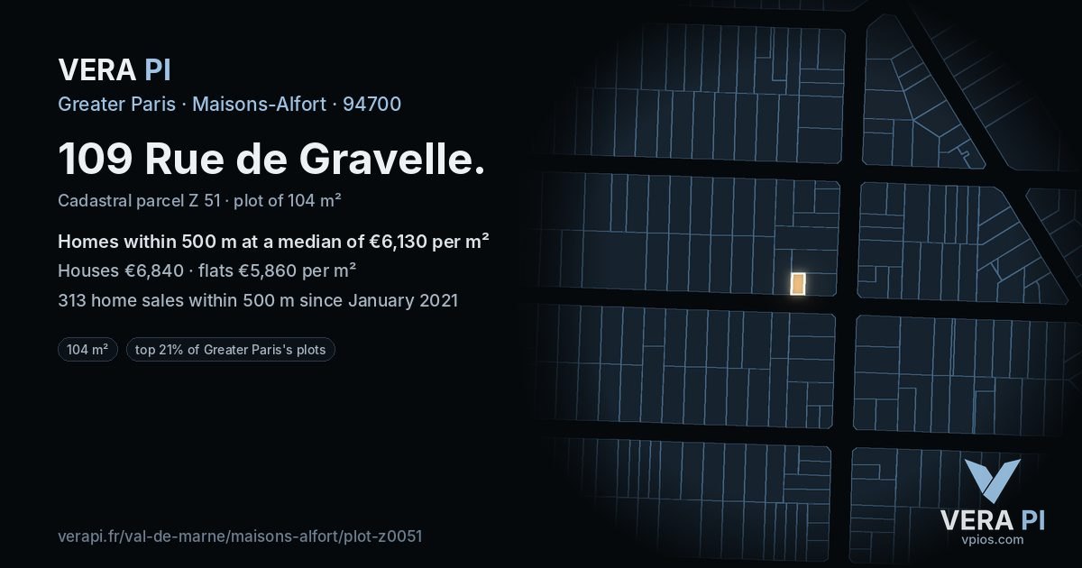 109 Rue de Gravelle, Maisons-Alfort at night – the plot lit, the parcels around coloured by the prices near them
