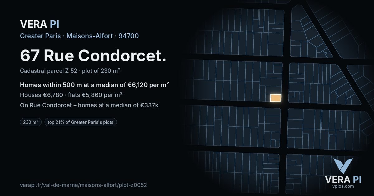 67 Rue Condorcet, Maisons-Alfort at night – the plot lit, the parcels around coloured by the prices near them