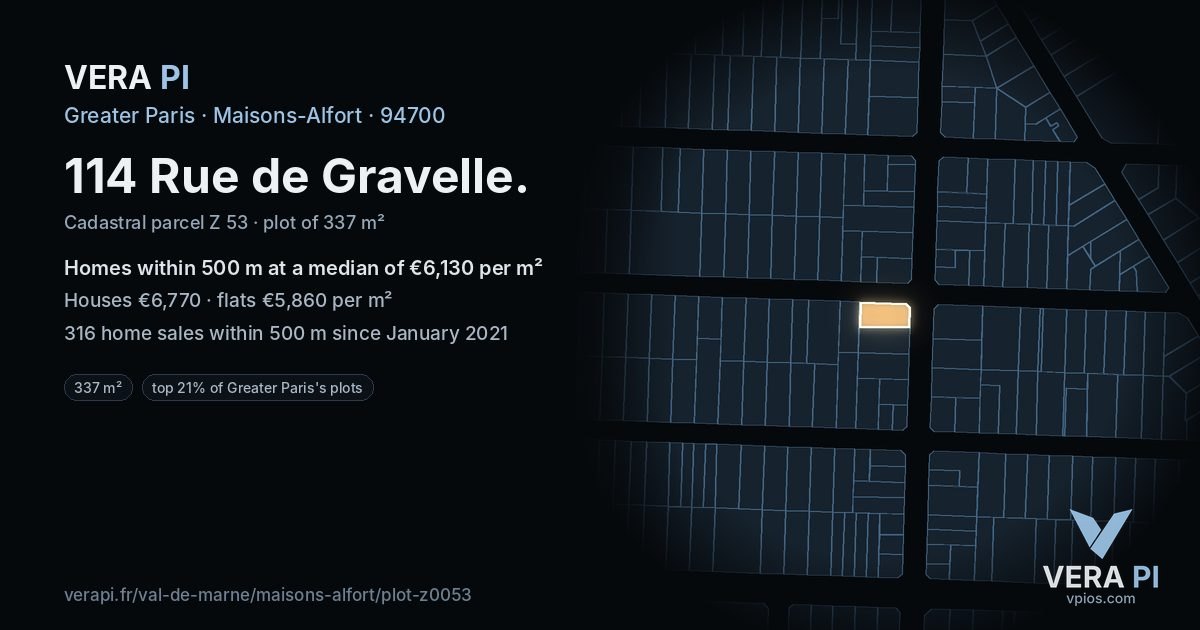 114 Rue de Gravelle, Maisons-Alfort at night – the plot lit, the parcels around coloured by the prices near them