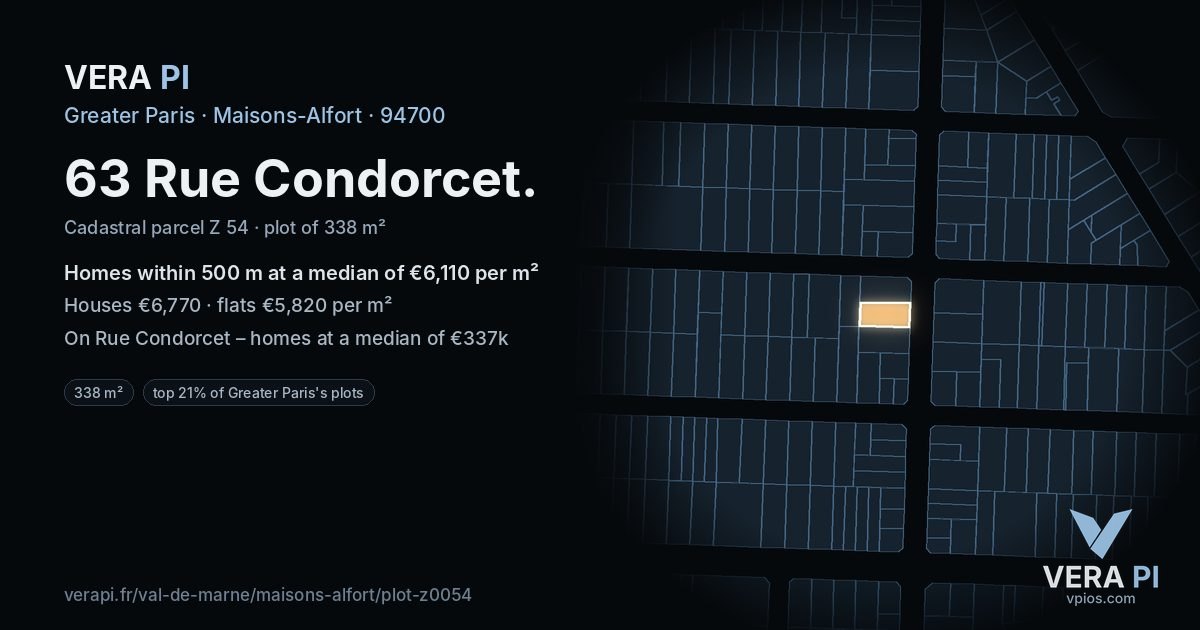 63 Rue Condorcet, Maisons-Alfort at night – the plot lit, the parcels around coloured by the prices near them