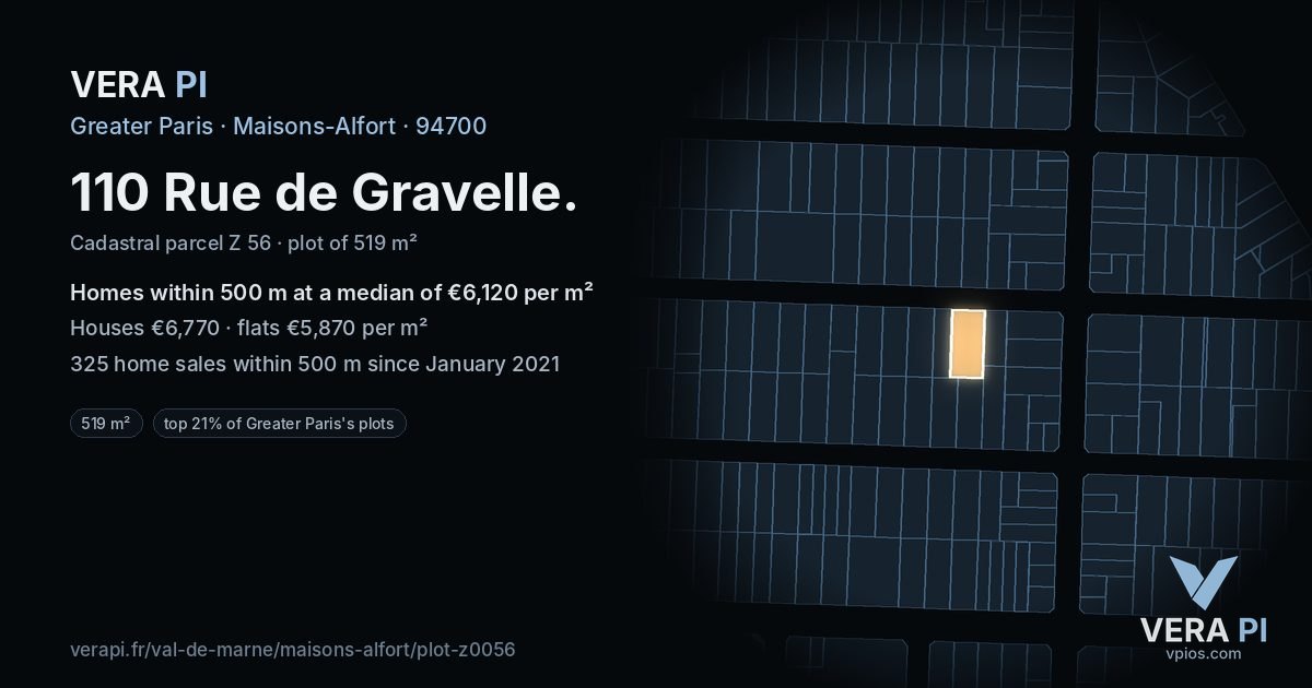 110 Rue de Gravelle, Maisons-Alfort at night – the plot lit, the parcels around coloured by the prices near them