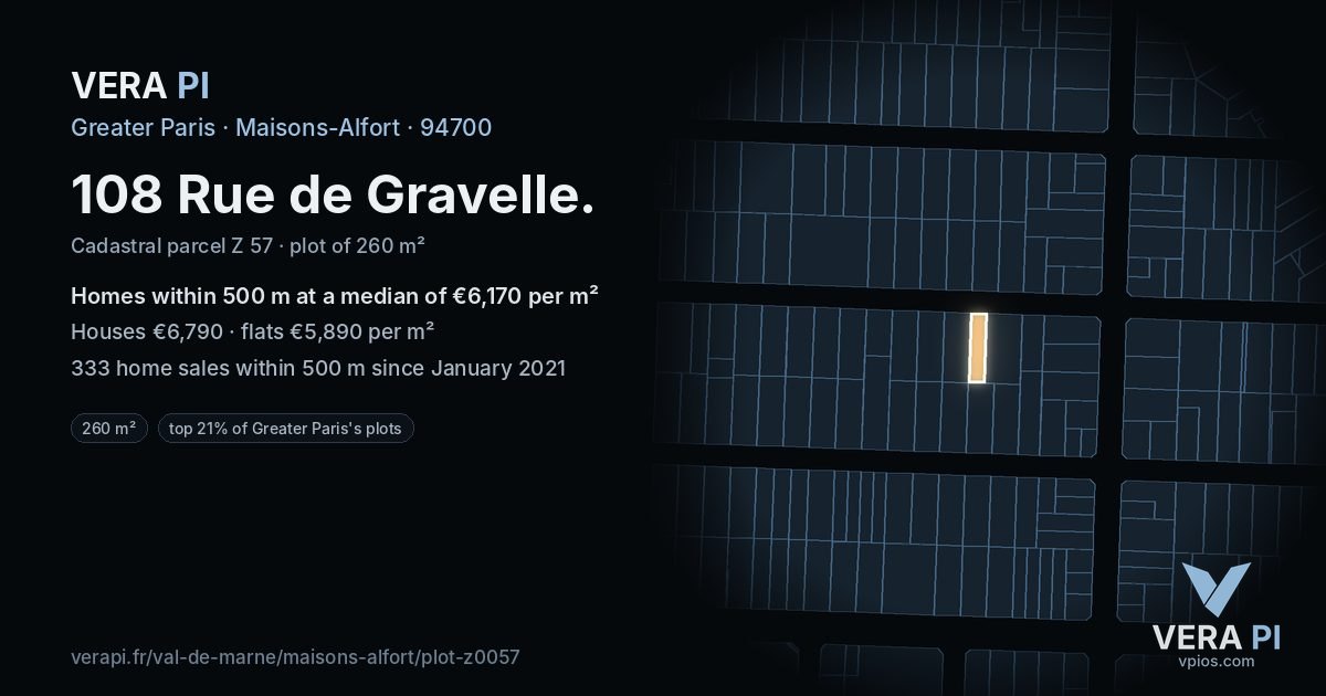108 Rue de Gravelle, Maisons-Alfort at night – the plot lit, the parcels around coloured by the prices near them