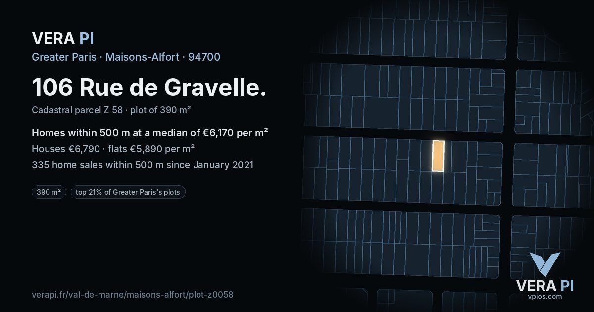 106 Rue de Gravelle, Maisons-Alfort at night – the plot lit, the parcels around coloured by the prices near them