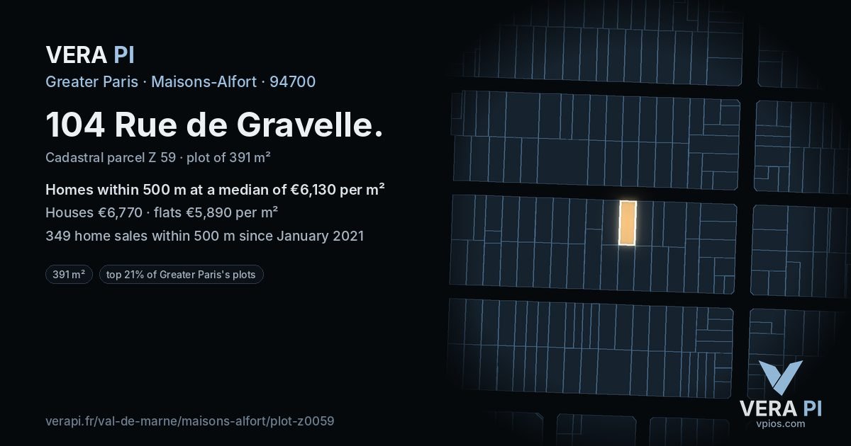 104 Rue de Gravelle, Maisons-Alfort at night – the plot lit, the parcels around coloured by the prices near them