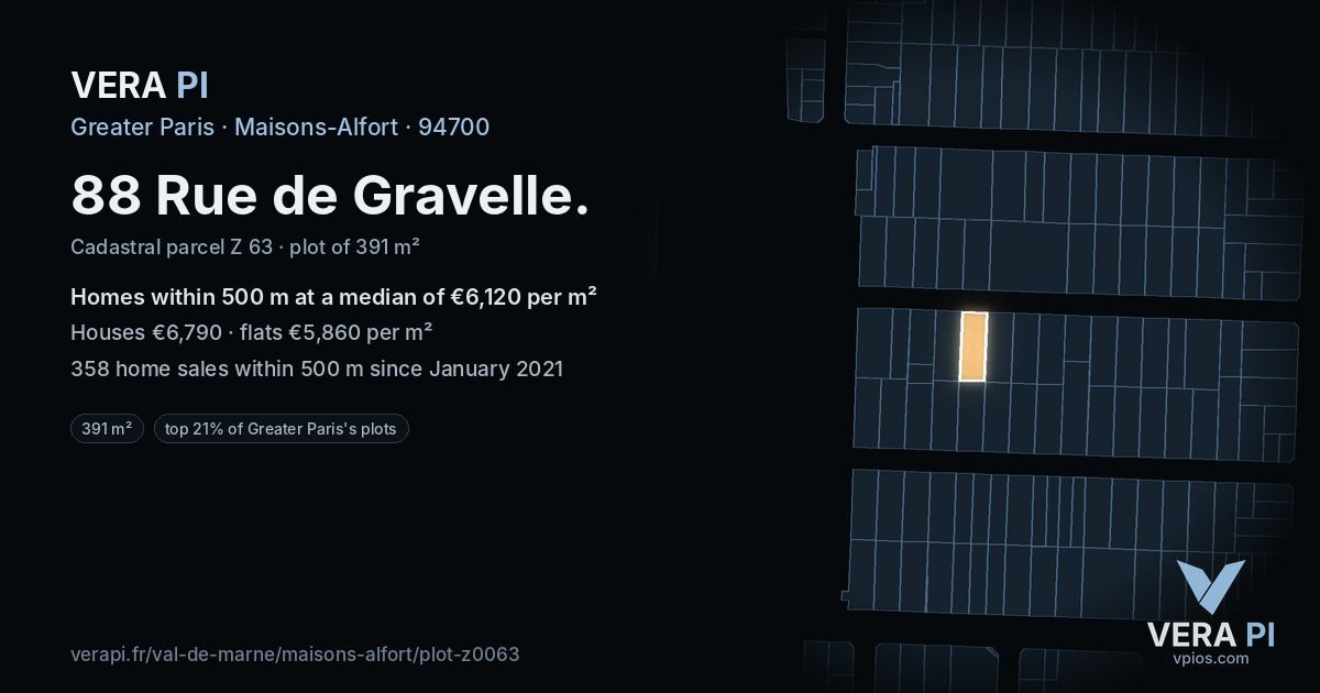 88 Rue de Gravelle, Maisons-Alfort at night – the plot lit, the parcels around coloured by the prices near them