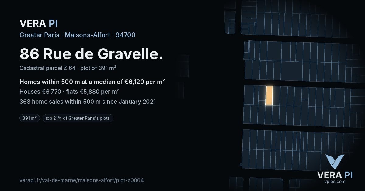 86 Rue de Gravelle, Maisons-Alfort at night – the plot lit, the parcels around coloured by the prices near them