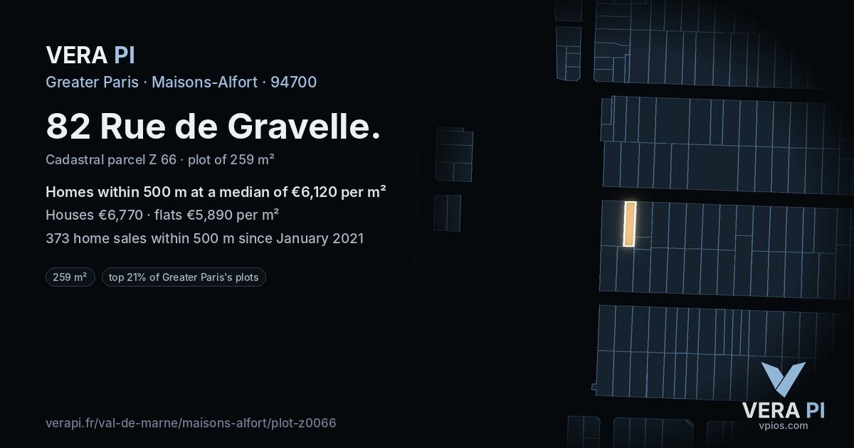 82 Rue de Gravelle, Maisons-Alfort at night – the plot lit, the parcels around coloured by the prices near them