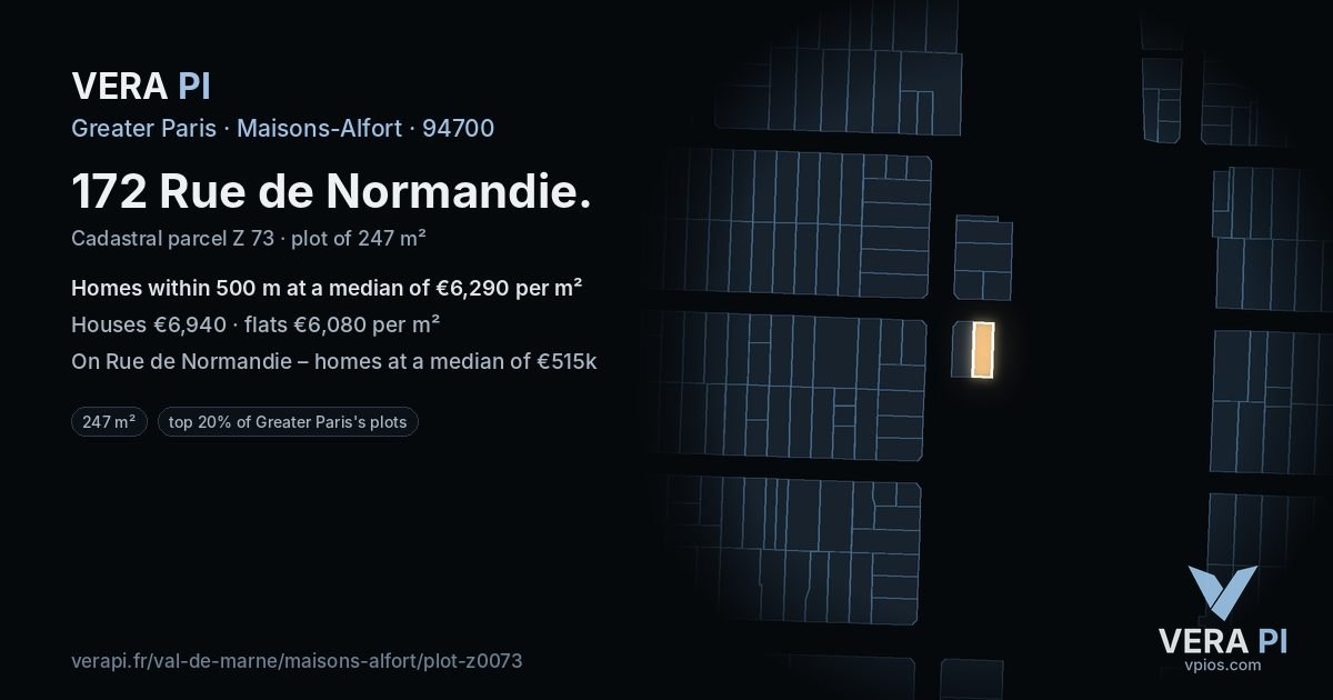 172 Rue de Normandie, Maisons-Alfort at night – the plot lit, the parcels around coloured by the prices near them
