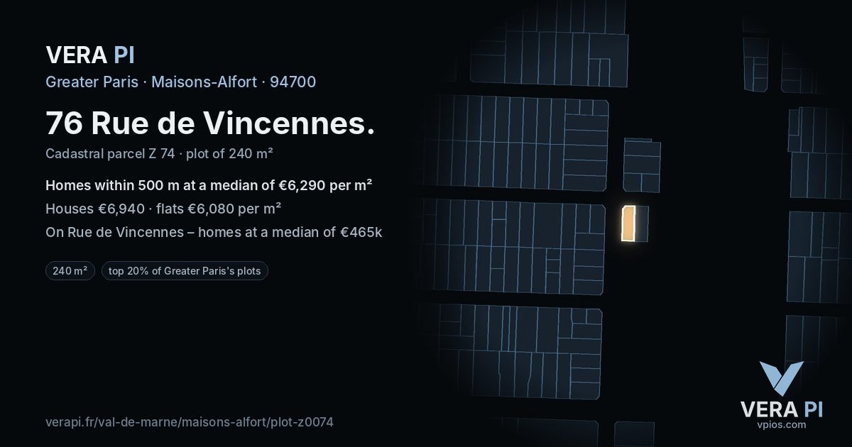 76 Rue de Vincennes, Maisons-Alfort at night – the plot lit, the parcels around coloured by the prices near them
