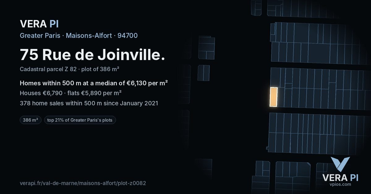 75 Rue de Joinville, Maisons-Alfort at night – the plot lit, the parcels around coloured by the prices near them