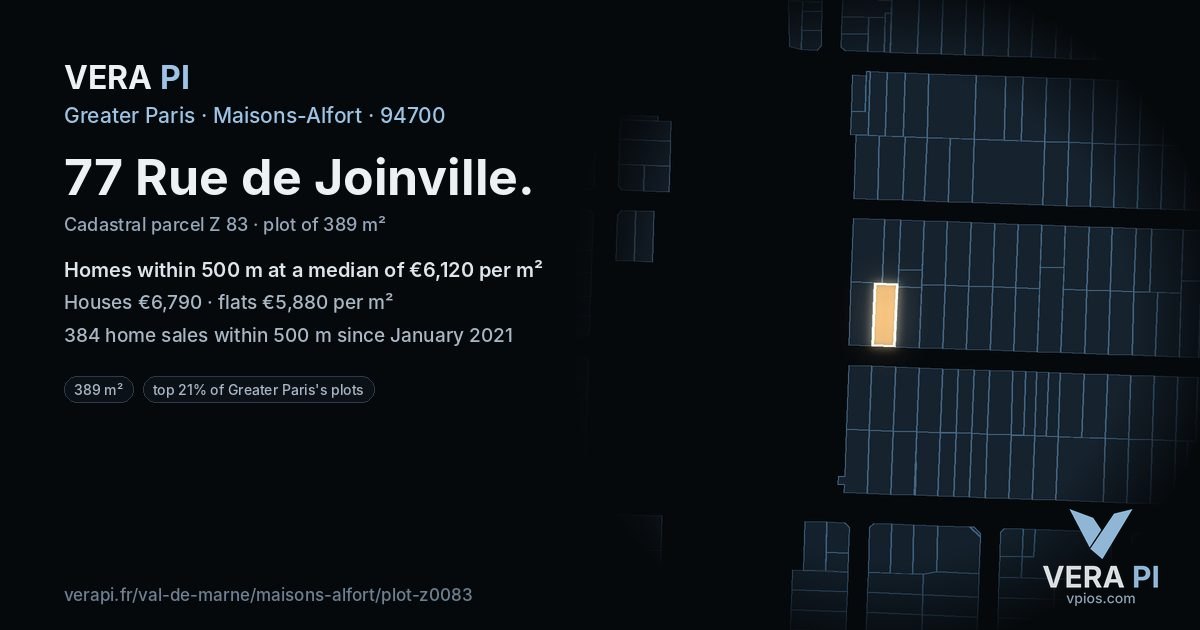 77 Rue de Joinville, Maisons-Alfort at night – the plot lit, the parcels around coloured by the prices near them