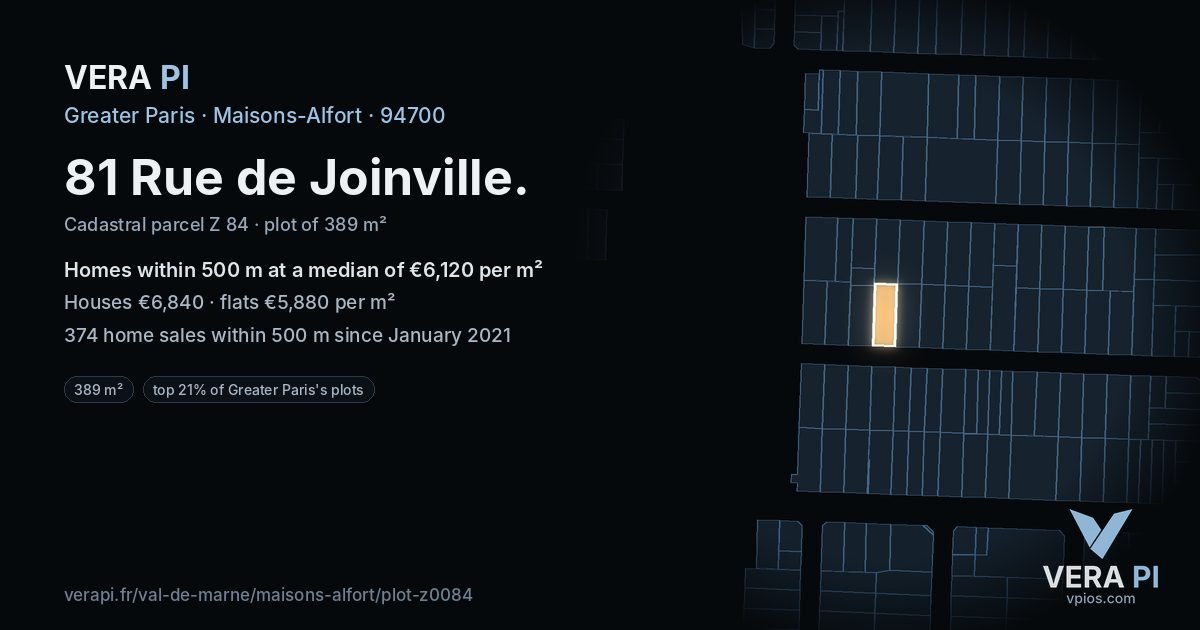 81 Rue de Joinville, Maisons-Alfort at night – the plot lit, the parcels around coloured by the prices near them